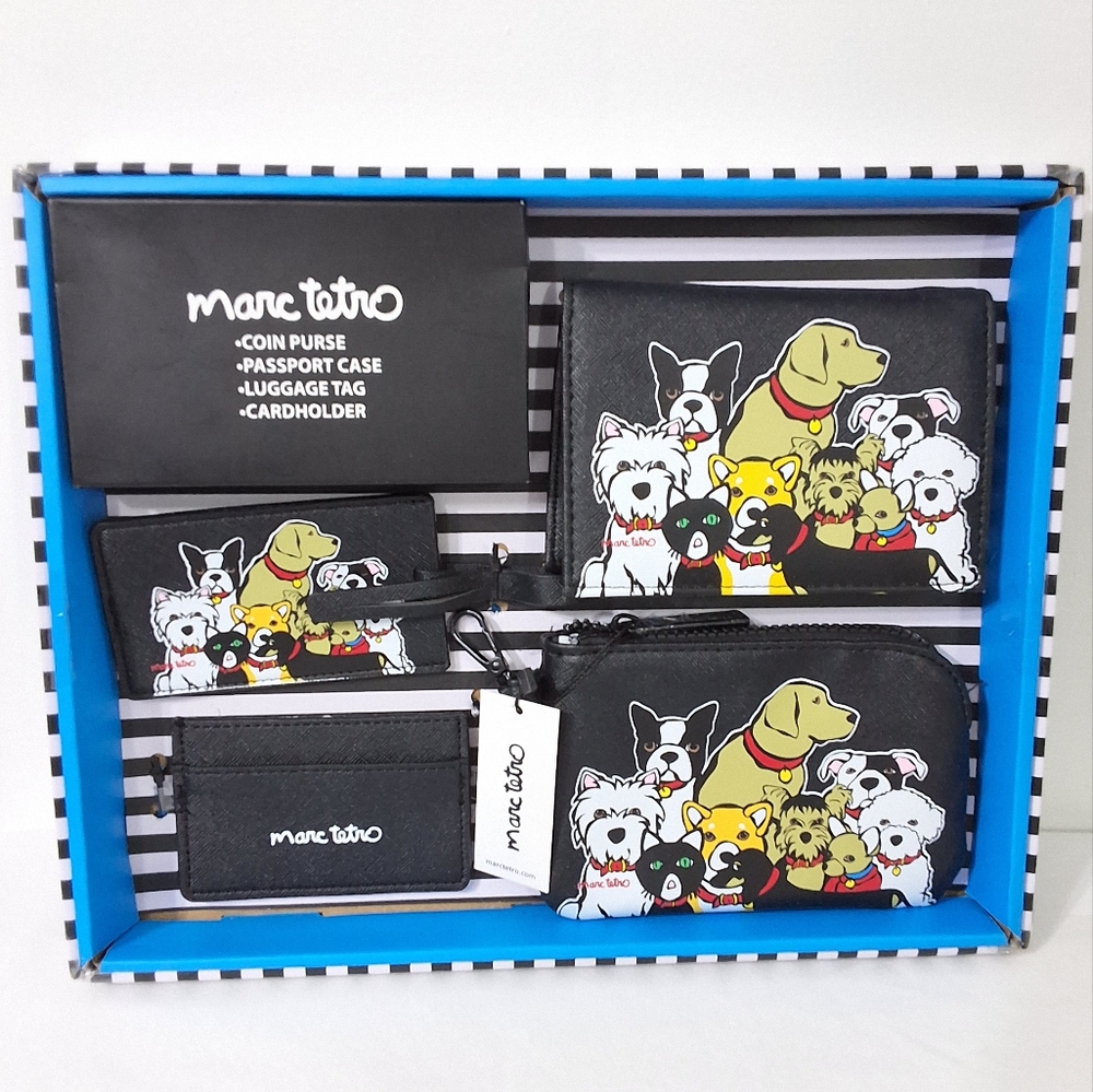 Marc Tetro Dogs 4 PC Set Coin Purse Passport Case Luggage Tag Cardholder, NEW